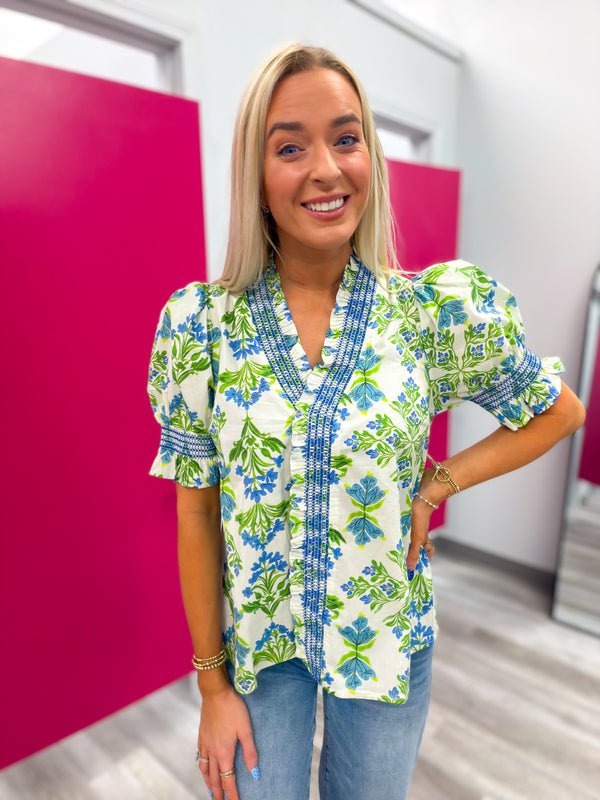 The Spring in Bloom Puff Sleeve Blouse | Blue