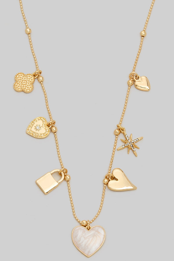 Heart and Lock Multiple Charms Beaded Chain Necklace