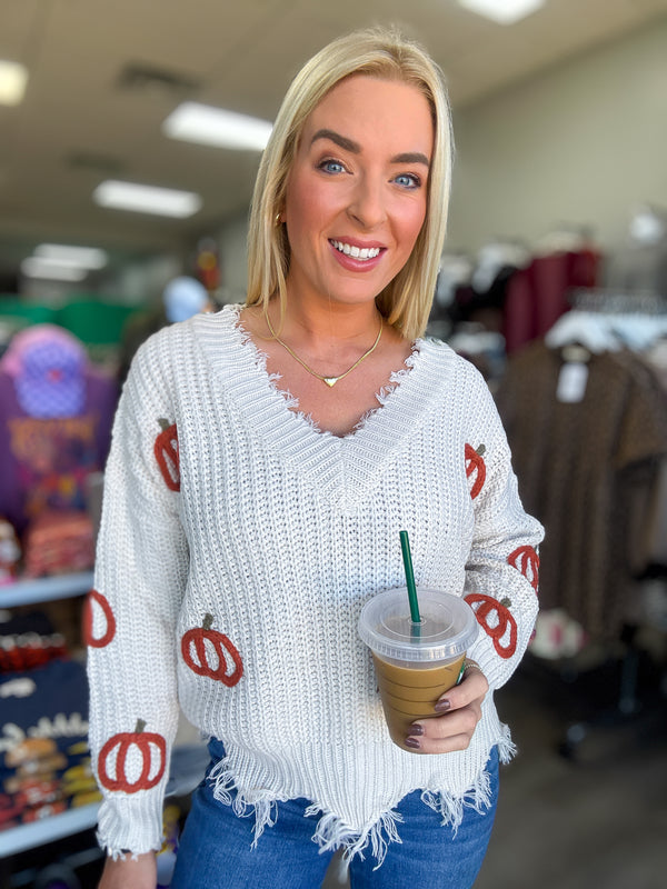 Pumpkin Patch V Neck Fray Sweater
