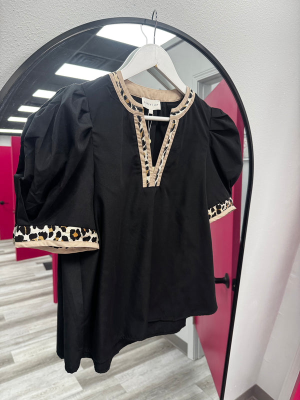 Black and Leopard Trim Top