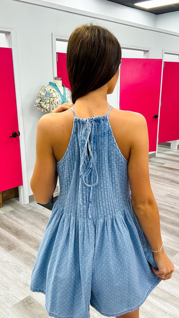 Polka Dot Printed Denim Romper