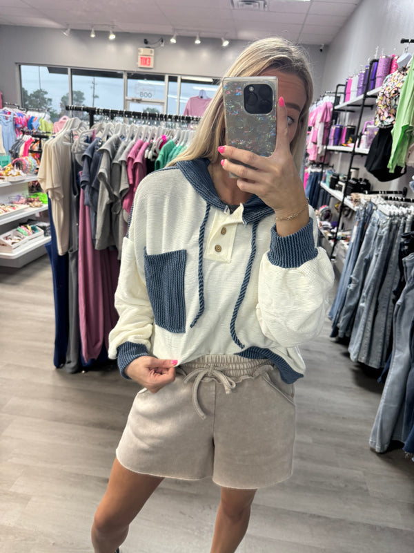 Navy Drawstring Color Contrast Ribbed Top