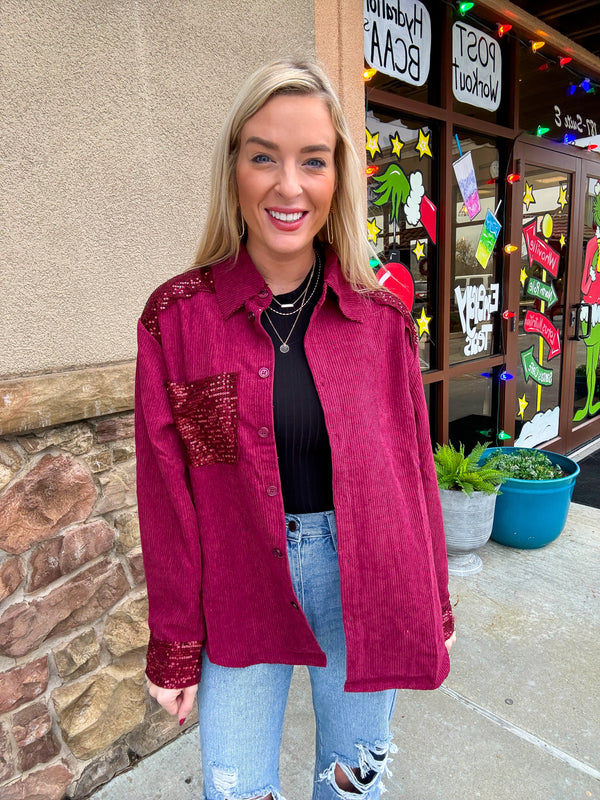 Wine Sequin Collared Button Down Shacket