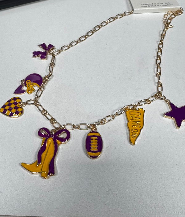 Purple and Gold Game Day Football Theme Charm Station Necklace