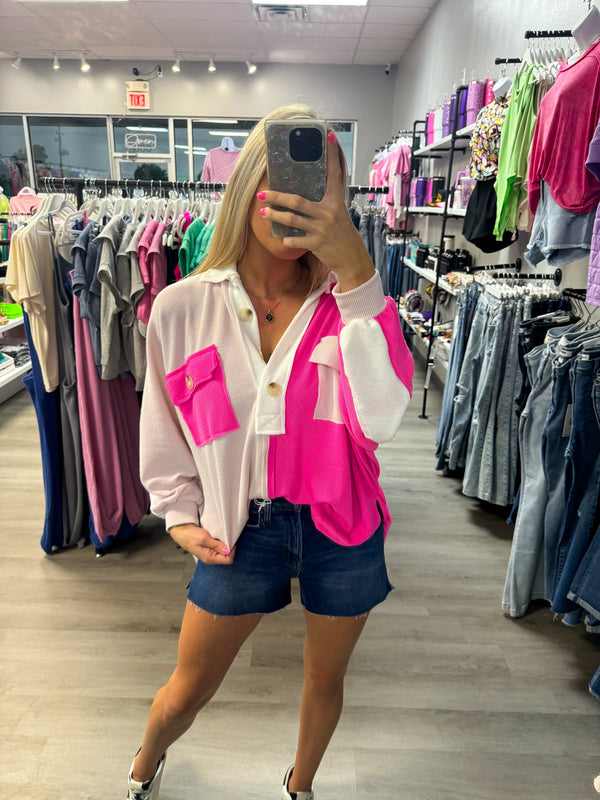 Caught The Attention Hot Pink Color Block Henley Top