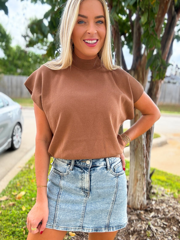 Cooling Down Brown Mock Neck Sleeveless Sweater