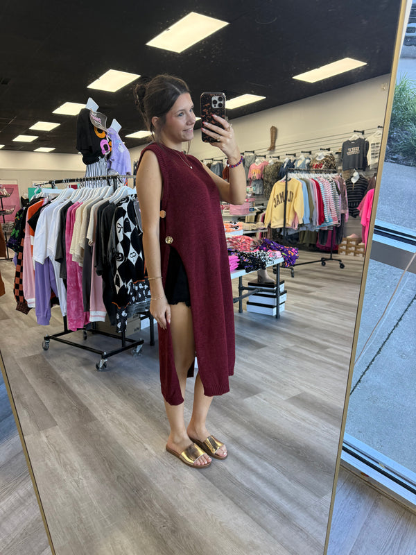 All My Attention Knit Sleeveless Slit Top Burgundy