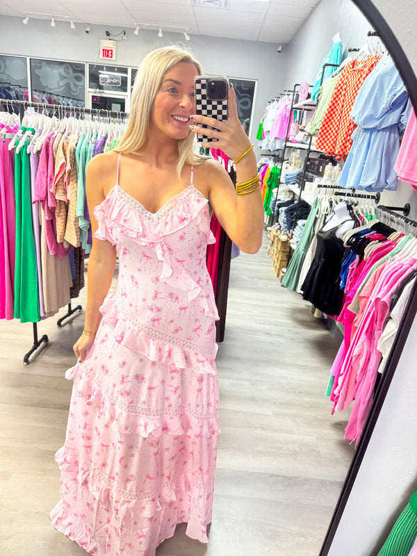Pink Rose Bow Ruffle Maxi Dress