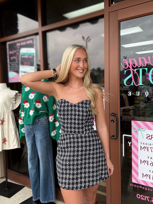 Tweed Checkered Wrap Front Mini Dress W/flap