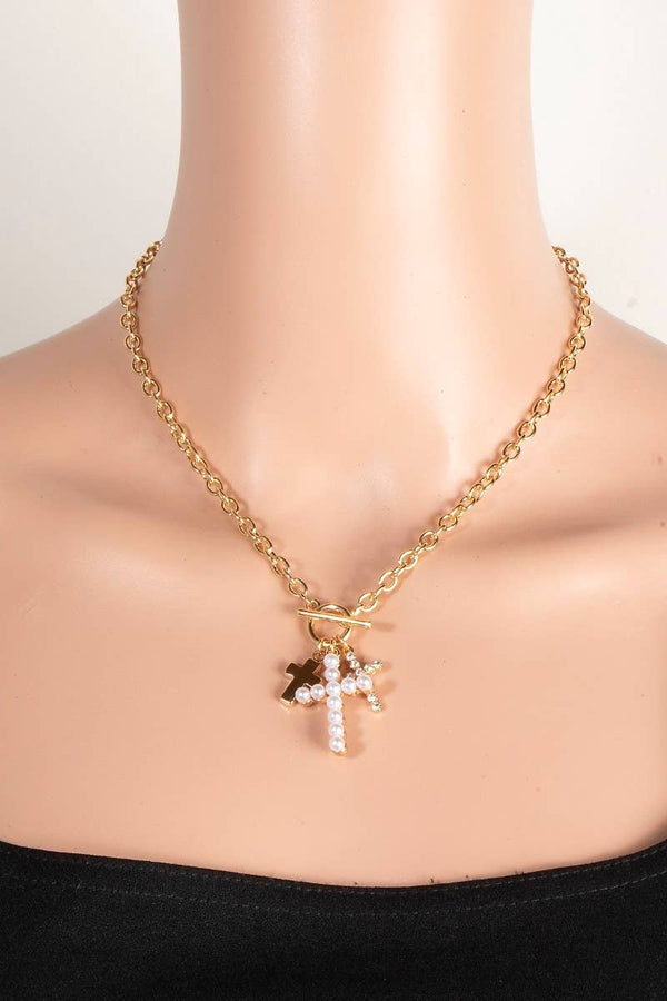 Pearl And Glass Pave Cross Charms Toggle Chain Necklace