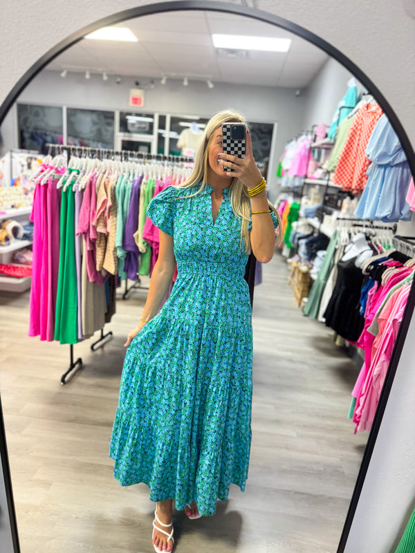 Meadow Mist Blue Green Floral Maxi Dress