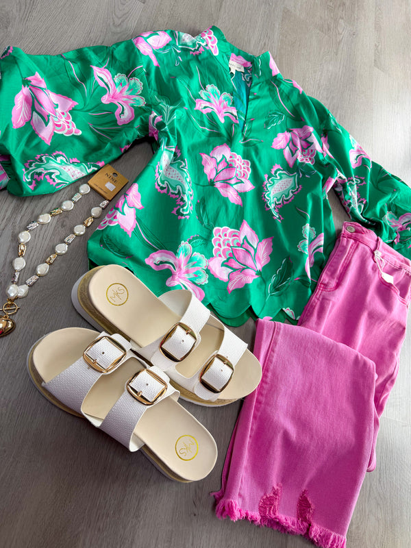 Emerald Bloom Scallop Blouse