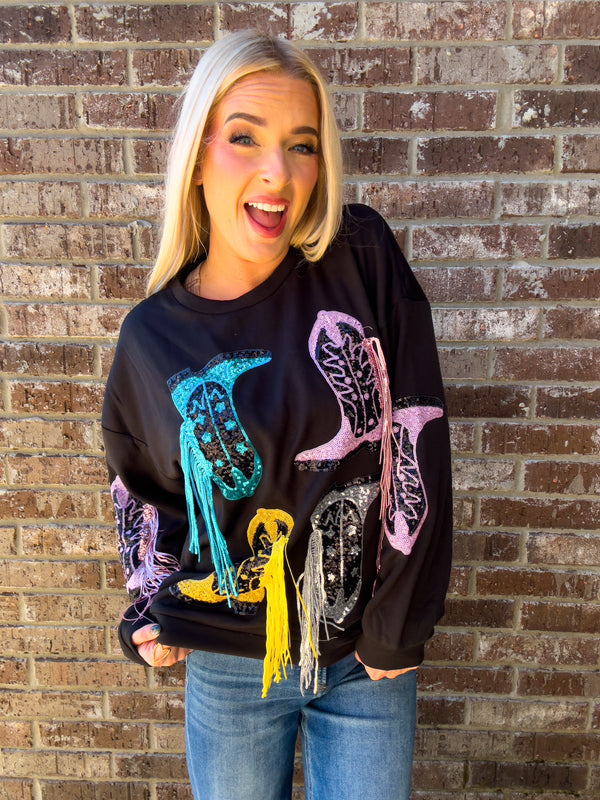 Cowgirl Era | Boot Sequin Fringe Fleece Top