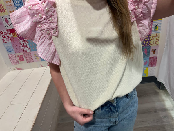 Dreamy Moment Pearl Ruffle Sleeve Top