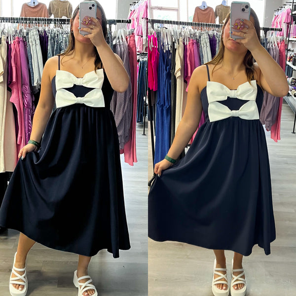 Double Bow Navy Midi Dress