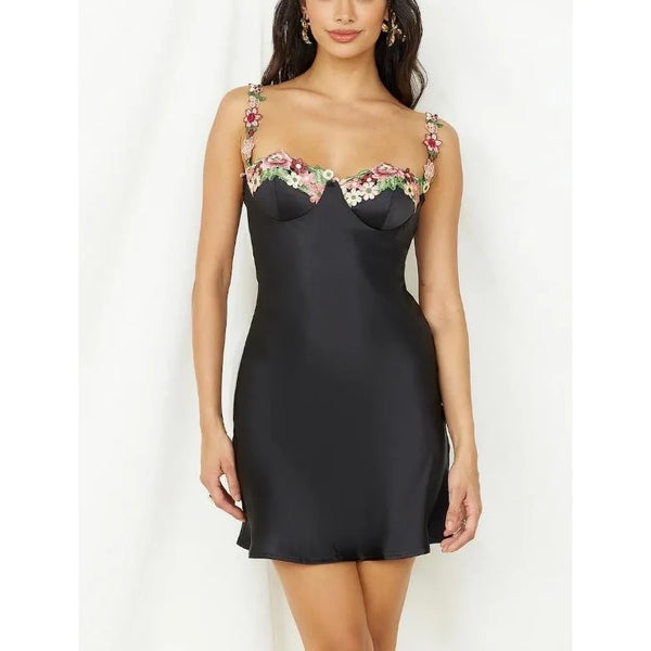 High Confidence Floral Trim Satin Dress