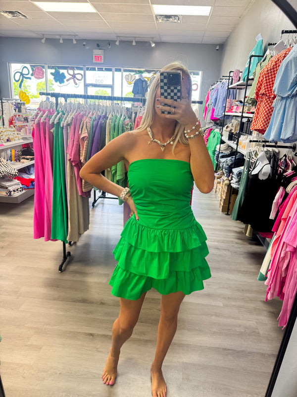 Green Strapless Ruched Tiered Ruffle Mini Dress