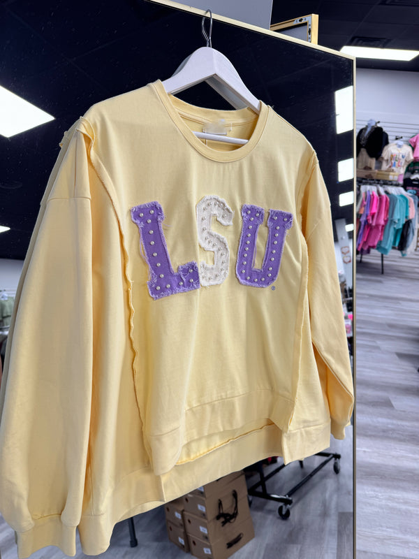 LSU (Licensed) | Women's Distressed Embroidery Pullover