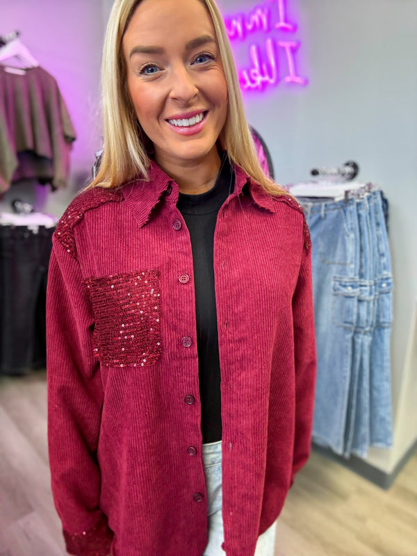 Wine Sequin Collared Button Down Shacket