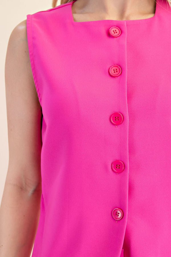 Neon Pink Button Vest Top