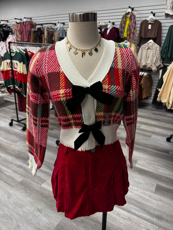 Plaid Sweater with Velvet Bow | Red