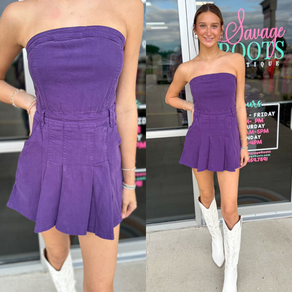 Strapless Mini Purple Dress w/ Pleats