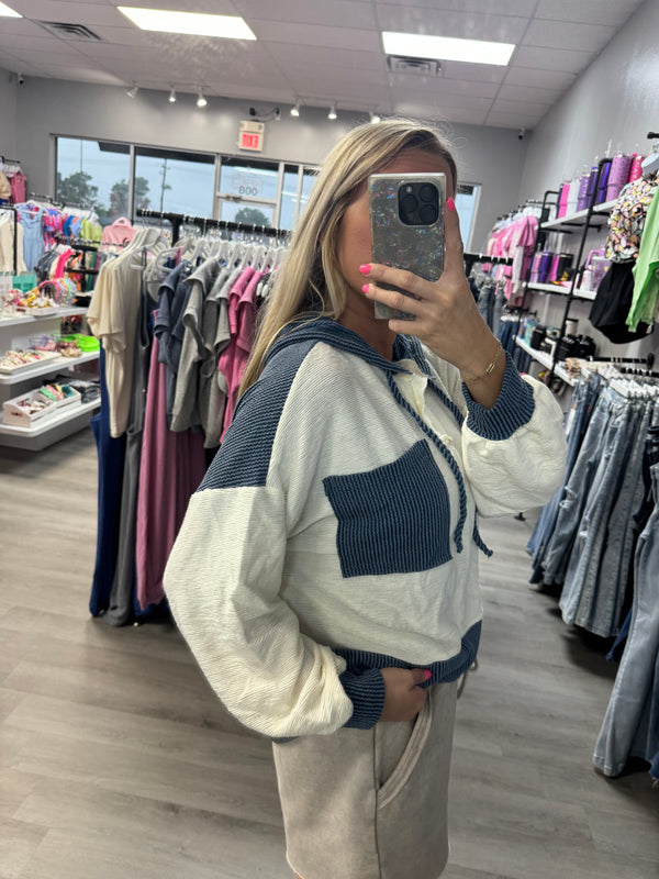 Navy Drawstring Color Contrast Ribbed Top