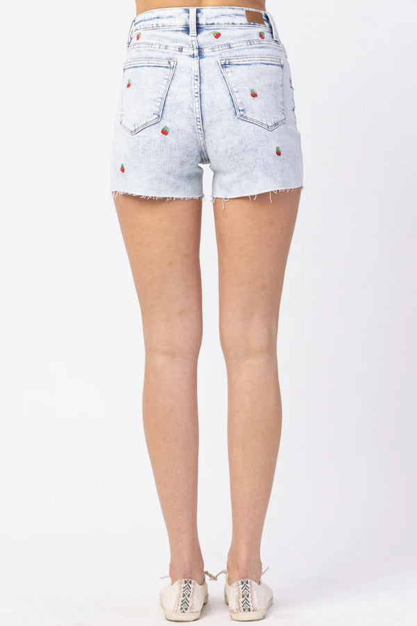 Judy Blue Cherry Embroidery Acid Wash High Rise CutOff Shorts