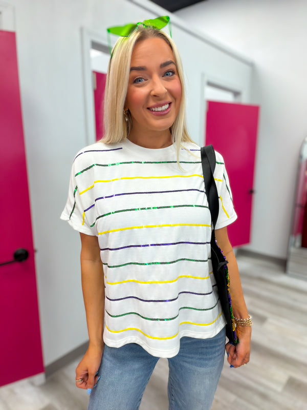 Down the Parade Line | Mardi Gras Sequin Stripe Dolman Sleeve Top