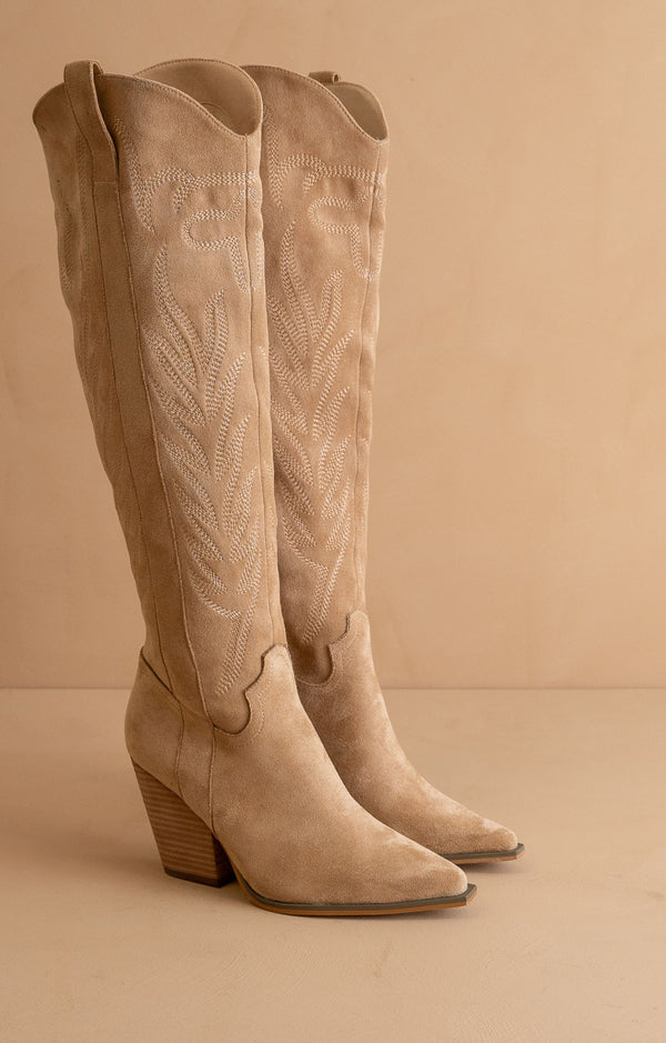 The Bronco Knee High Embordered Cowgirl Boots Almond