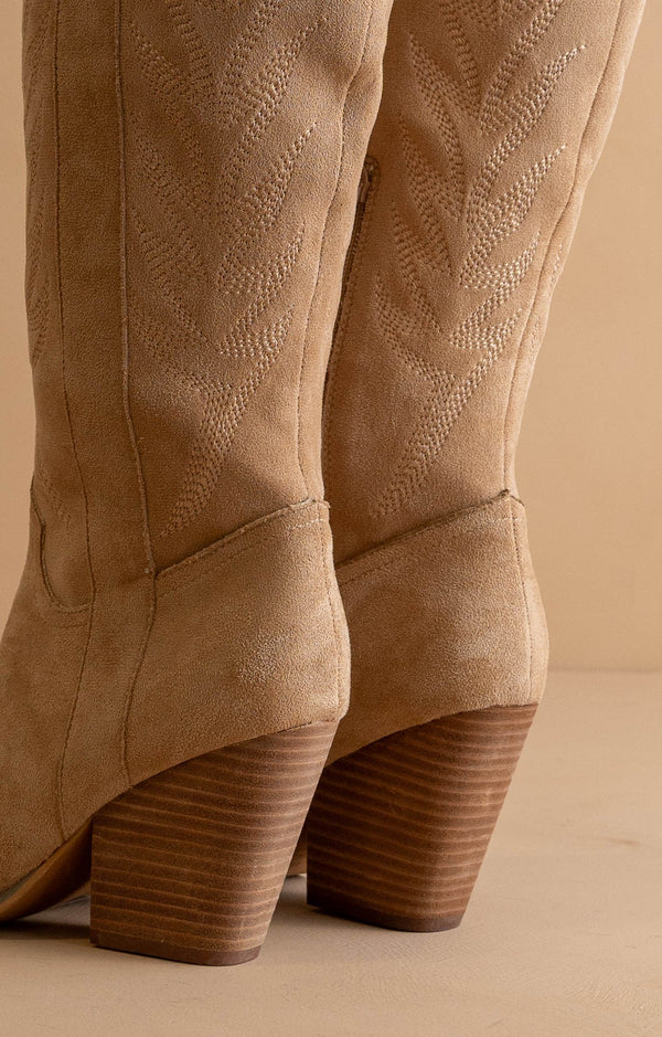 The Bronco Knee High Embordered Cowgirl Boots Almond