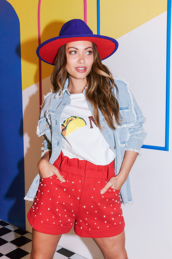 Red Pearl Paper Bag Shorts