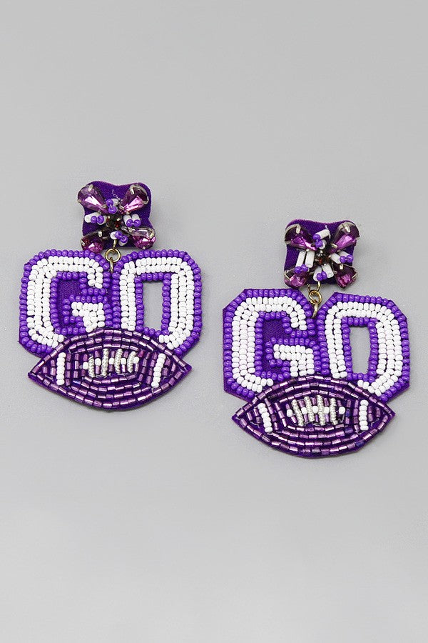 Game Day Go Team Seed Beaded Earrings - Purple and White