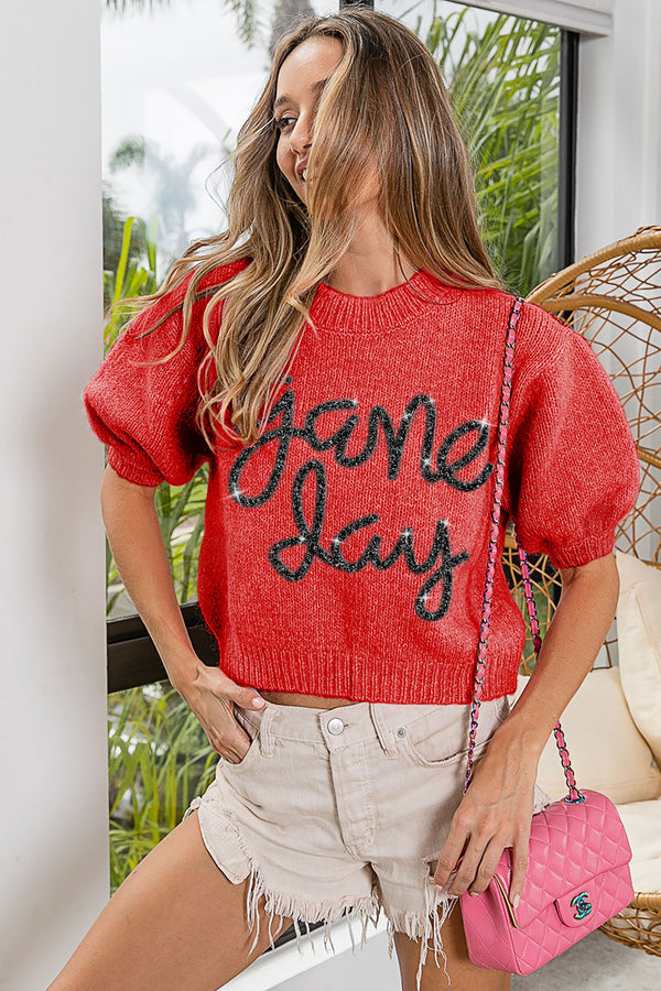 Game Day Bubble Sleeve Short Sweater Top - Red and Black