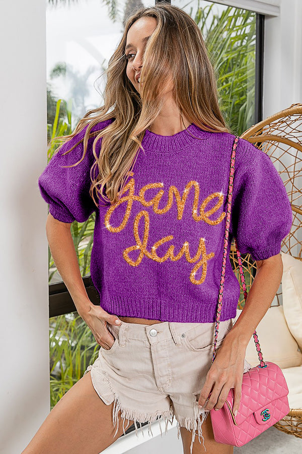 Game Day Bubble Sleeve Short Sweater Top - Purple Gold