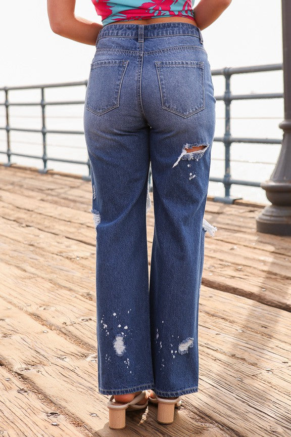 Out and About Distressed High Waisted Jeans - Medium Denim