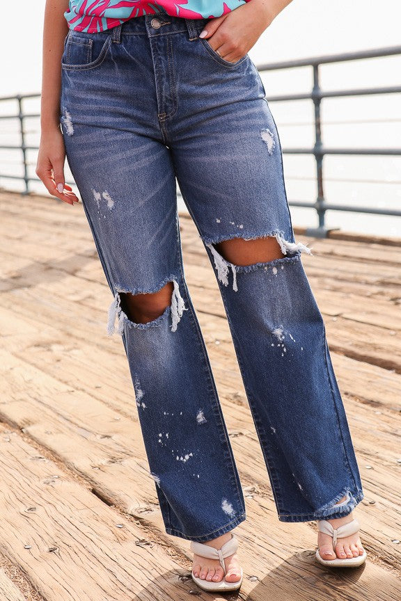 Out and About Distressed High Waisted Jeans - Medium Denim