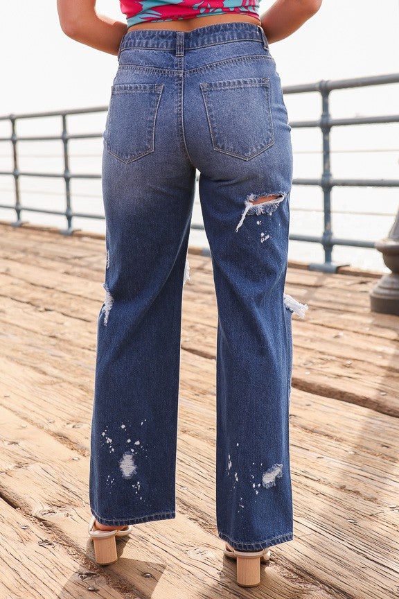 Out and About Distressed High Waisted Jeans - Medium Denim