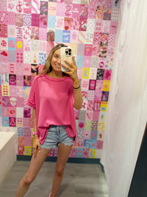 Corded Rib Short Cuff Sleeve Raw Edge Top