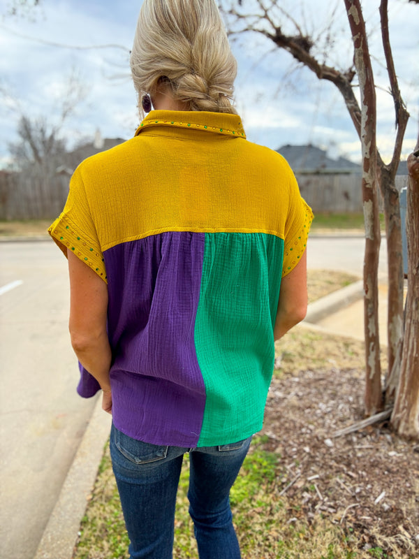 Parade Day Rhinestone Mardi Gras Color Block Top