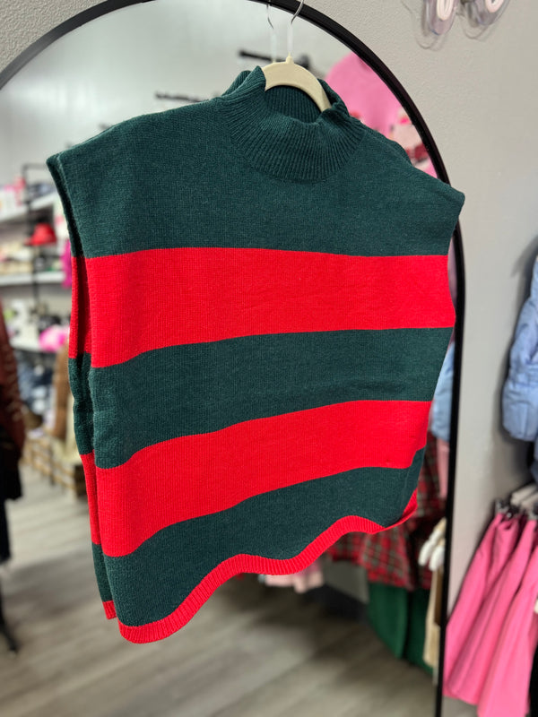 Green and Red Stripe Short Sleeve Sweater