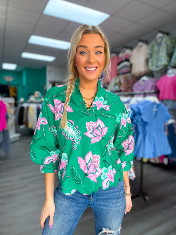 Emerald Bloom Scallop Blouse