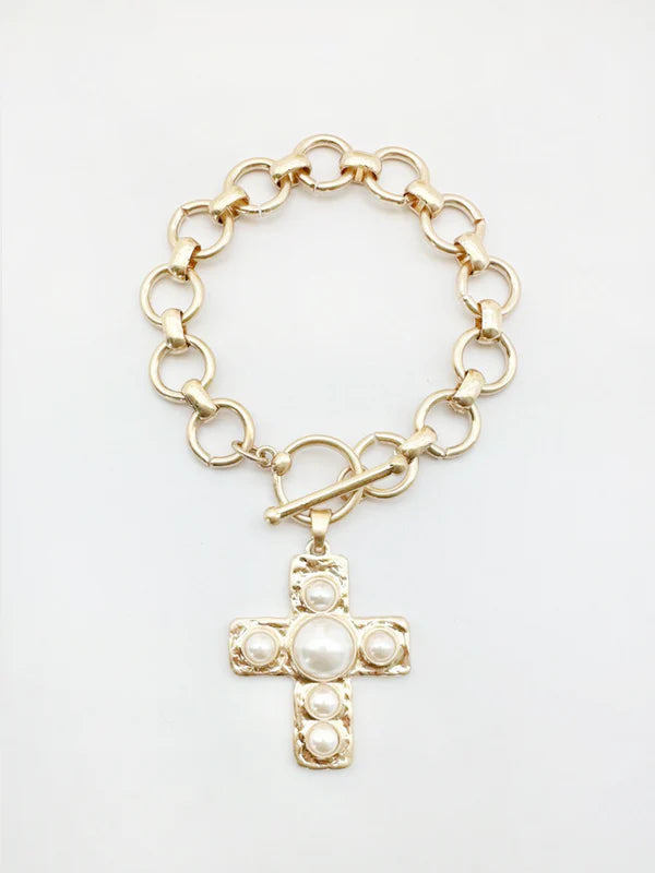 Gold Stretch Chain with Hammered Cross with Pearl Accent Charm