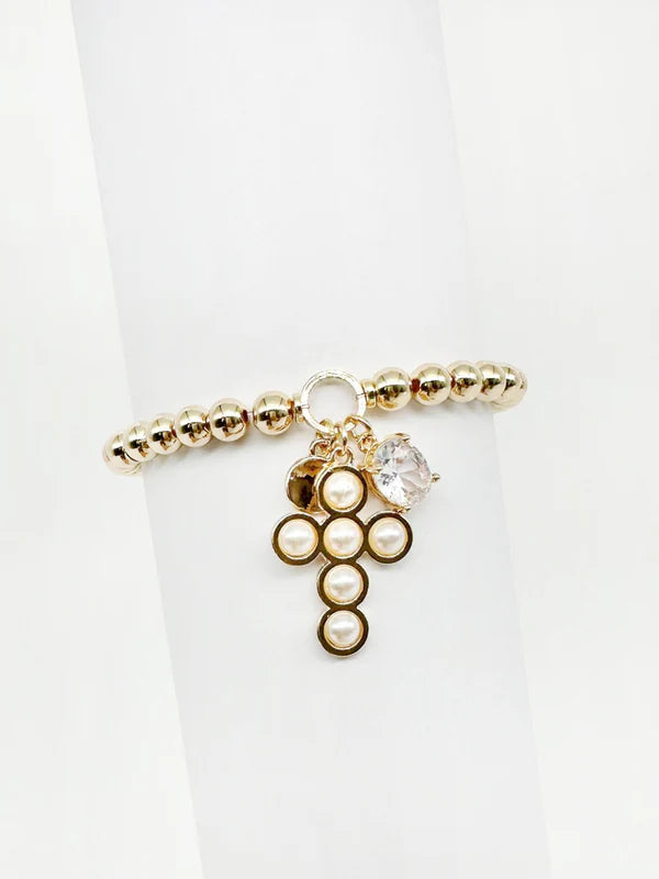 Gold Beaded Stretch Bracelet with Pearl Dotted Cross and Crystal Charms