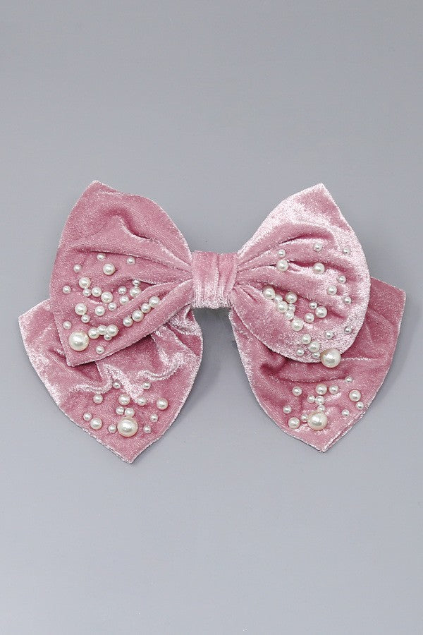 Pearl Embellished Velvet Bow Hair Barrette