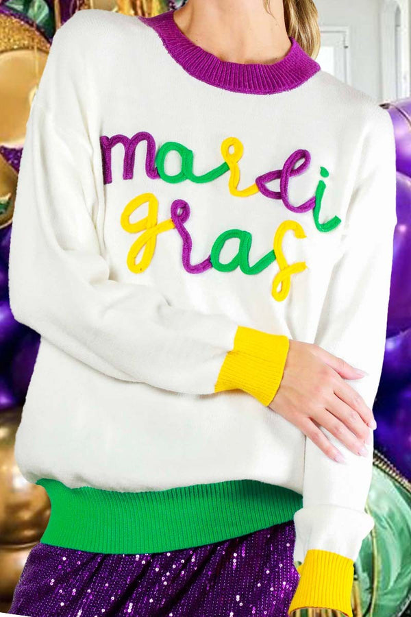 Mardi Gras State of Mind Sweater - White