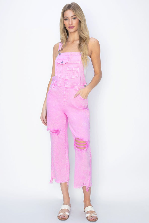 Baby Pink High Rise Distressed Straight Overalls