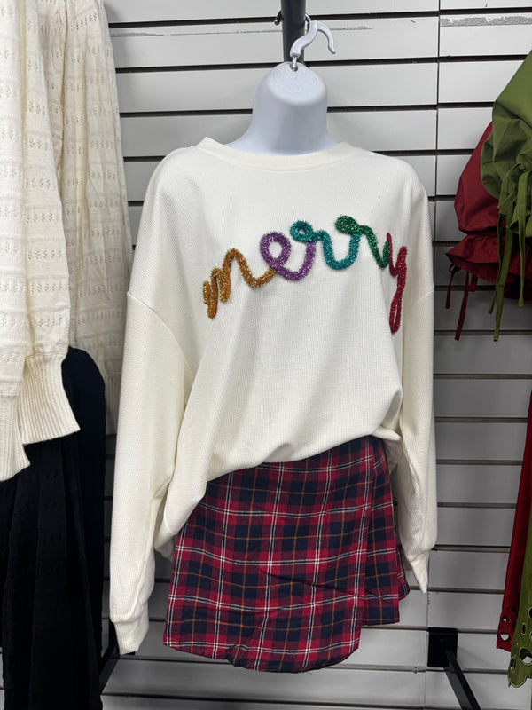 Merry Tinsel Lettering Two Tone Rib Pullover