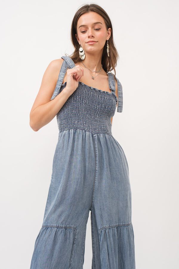 Smocked Tie Chambray Palazzo Wide Pant Jumpsuit