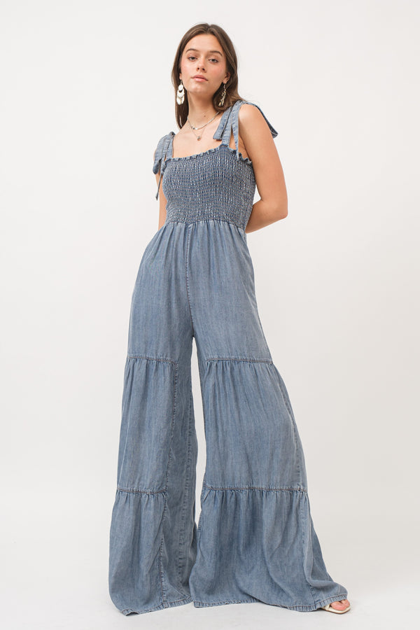Smocked Tie Chambray Palazzo Wide Pant Jumpsuit
